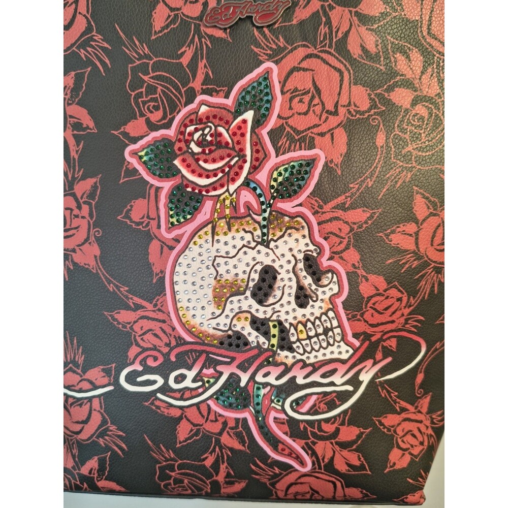 NWT Ed Hardy Tote Bag Rhinestone Skull Rose Tattoo Black Red Shoulder Purse New